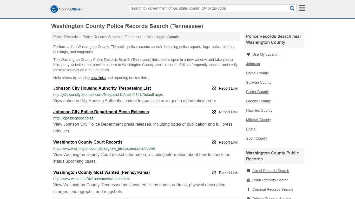 Washington County Police Records Search (Tennessee) - County Office